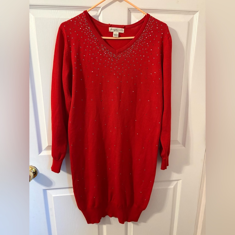Melrose Chic Red  V-Neck Dress with Embellishment scarf